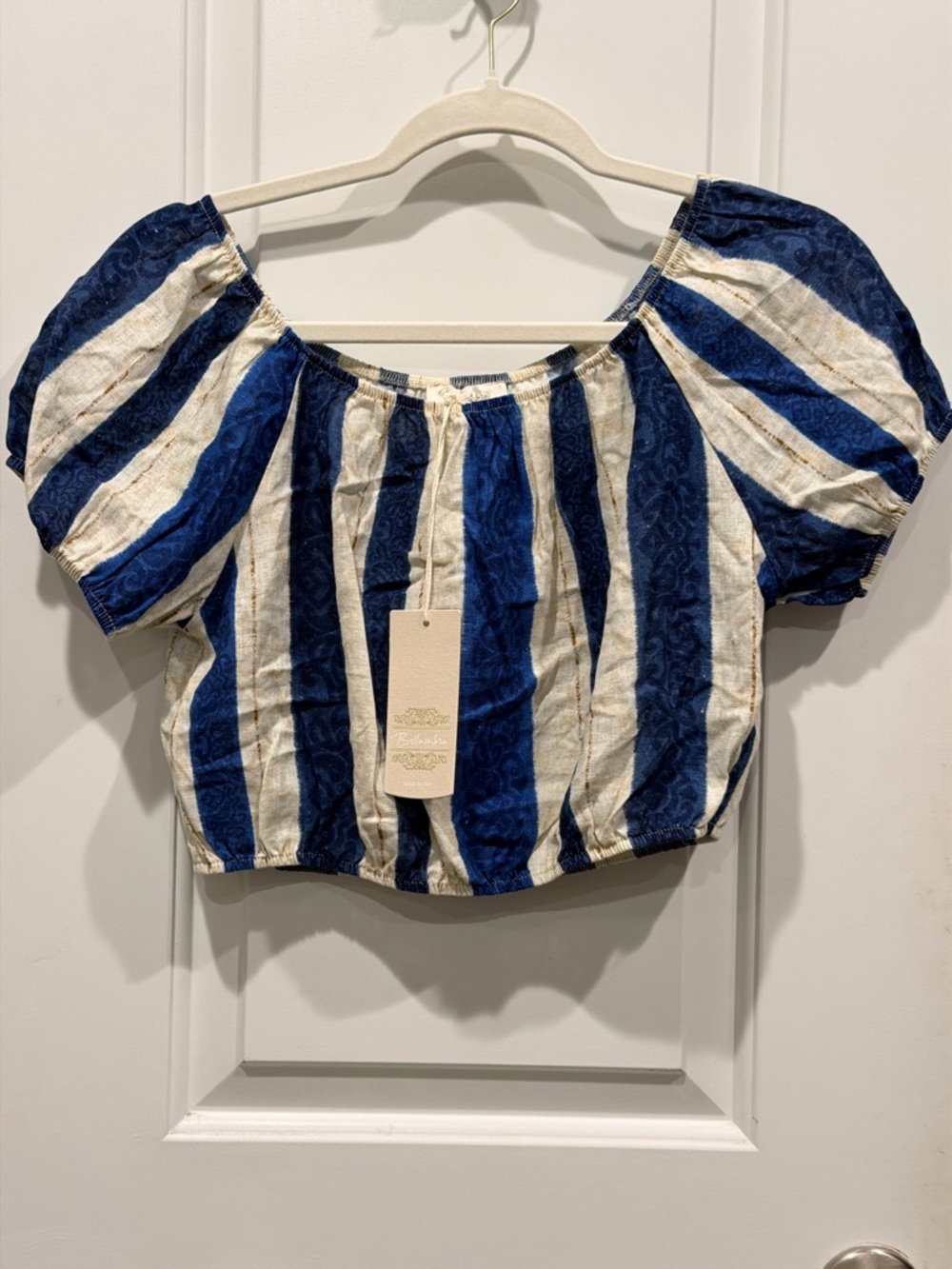 Striped Blue and Cream Puff-Sleeve Crop Top